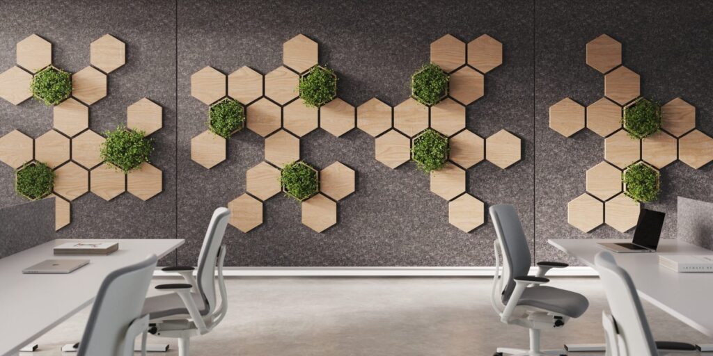 abstract geometric wall panels in commercial space